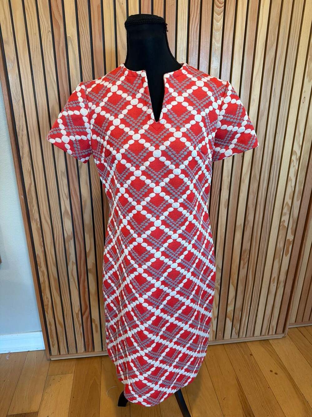 Vintage Bleeker Street Red Geometric Op Art Double Knit Shift Dress sm/m